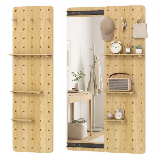 Solid Wood Full Length Mirror with Pegboard & Shelves and Hooks for Entryway-Natural