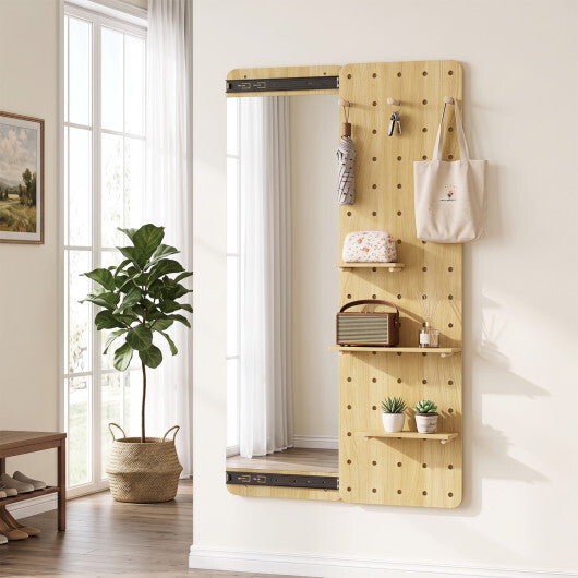 Solid Wood Full Length Mirror with Pegboard & Shelves and Hooks for Entryway-Natural