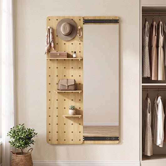 Solid Wood Full Length Mirror with Pegboard & Shelves and Hooks for Entryway-Natural