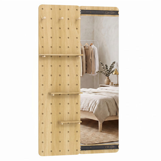 Solid Wood Full Length Mirror with Pegboard & Shelves and Hooks for Entryway-Natural
