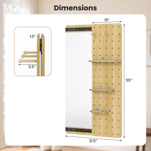 Solid Wood Full Length Mirror with Pegboard & Shelves and Hooks for Entryway-Natural