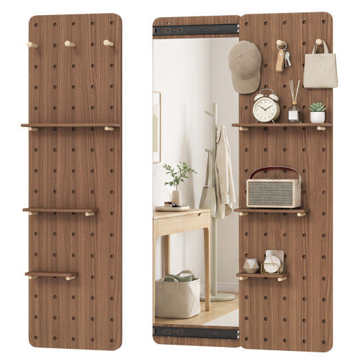 Solid Wood Full Length Mirror with Pegboard & Shelves and Hooks for Entryway-Natural