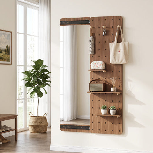Solid Wood Full Length Mirror with Pegboard & Shelves and Hooks for Entryway-Natural
