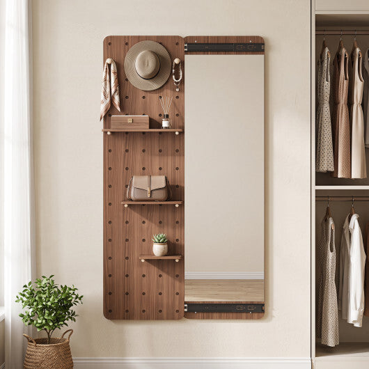 Solid Wood Full Length Mirror with Pegboard & Shelves and Hooks for Entryway-Natural