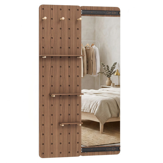 Solid Wood Full Length Mirror with Pegboard & Shelves and Hooks for Entryway-Natural