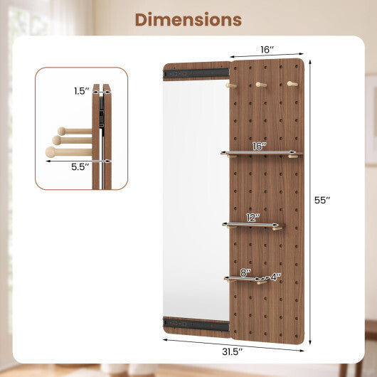 Solid Wood Full Length Mirror with Pegboard & Shelves and Hooks for Entryway-Natural