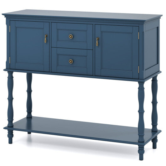 Console Table with 2 Drawers and 2 Door Cabinets and Bottom Storage Shelf-Blue