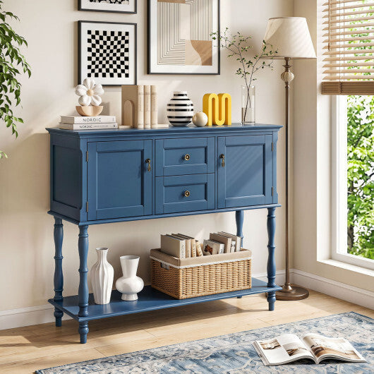 Console Table with 2 Drawers and 2 Door Cabinets and Bottom Storage Shelf-Blue