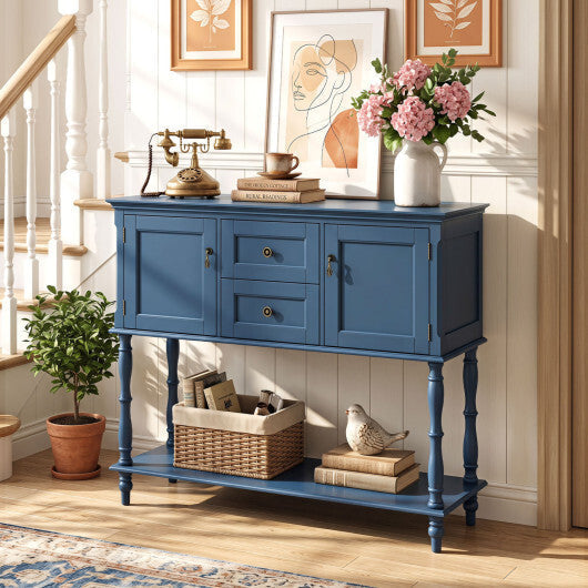Console Table with 2 Drawers and 2 Door Cabinets and Bottom Storage Shelf-Blue