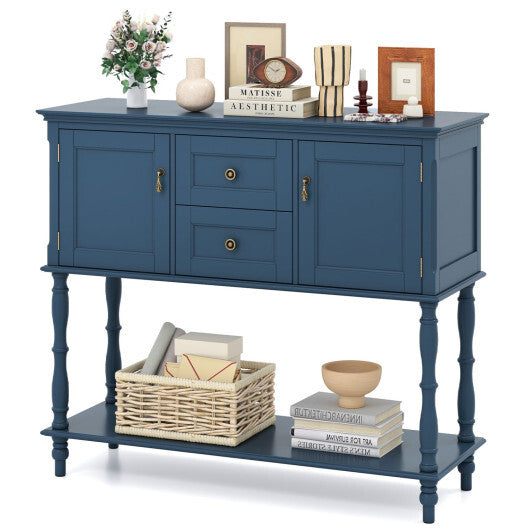 Console Table with 2 Drawers and 2 Door Cabinets and Bottom Storage Shelf-Blue