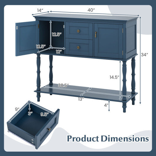 Console Table with 2 Drawers and 2 Door Cabinets and Bottom Storage Shelf-Blue