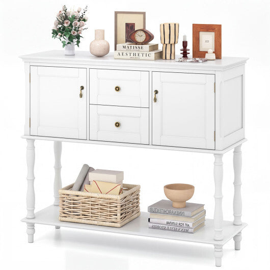Console Table with 2 Drawers and 2 Door Cabinets and Bottom Storage Shelf-Blue