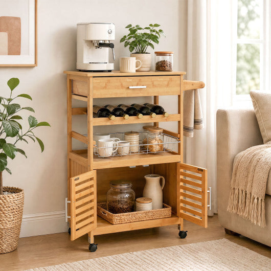 Bamboo Rolling Kitchen Island Trolley with Storage Cabinet and Wine Rack-Natural