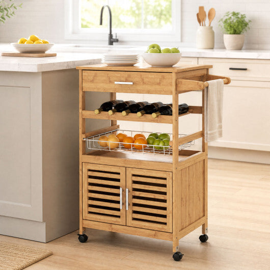 Bamboo Rolling Kitchen Island Trolley with Storage Cabinet and Wine Rack-Natural