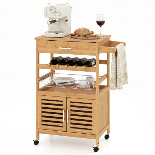 Bamboo Rolling Kitchen Island Trolley with Storage Cabinet and Wine Rack-Natural