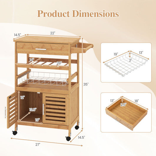 Bamboo Rolling Kitchen Island Trolley with Storage Cabinet and Wine Rack-Natural