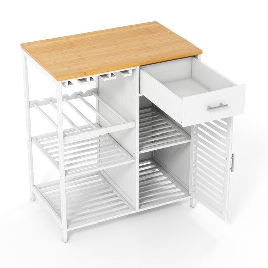 Coffee Bar Cabinet with Glass Holder Wine Rack and Bamboo Top-White