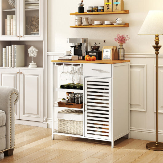 Coffee Bar Cabinet with Glass Holder Wine Rack and Bamboo Top-White