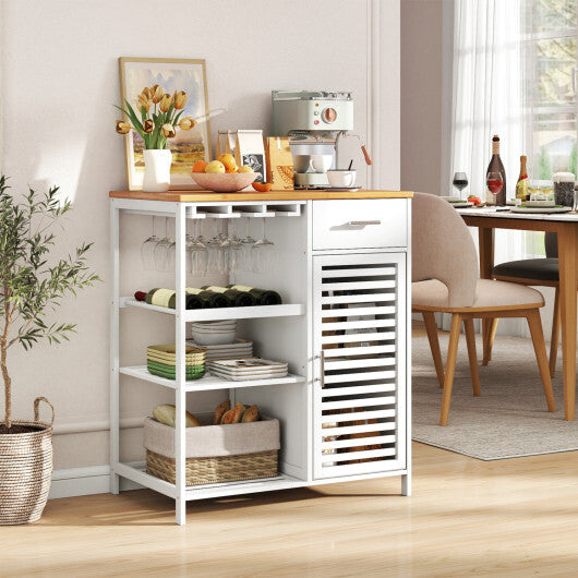 Coffee Bar Cabinet with Glass Holder Wine Rack and Bamboo Top-White