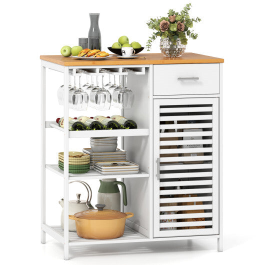 Coffee Bar Cabinet with Glass Holder Wine Rack and Bamboo Top-White