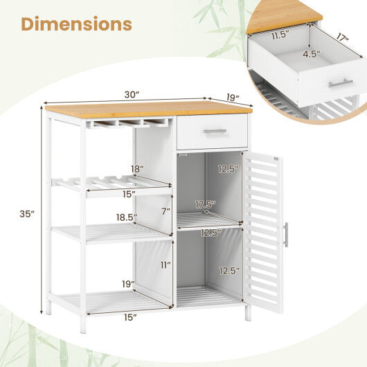 Coffee Bar Cabinet with Glass Holder Wine Rack and Bamboo Top-White