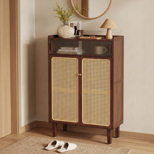 5-Tier Bamboo Shoe Cabinet with Woven Rattan Doors and Sliding Doors for Entryway-Walnut