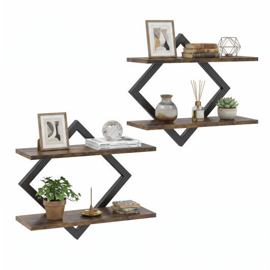 Set of 2 Metal Floating Shelves for Wall with Geometric Frame-Rustic Brown