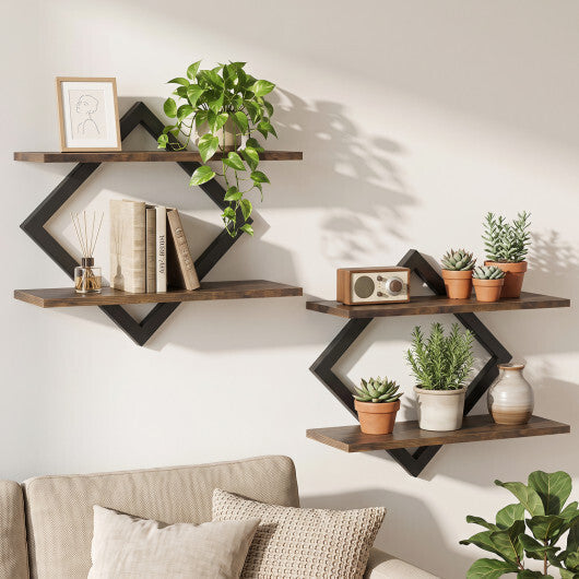 Set of 2 Metal Floating Shelves for Wall with Geometric Frame-Rustic Brown