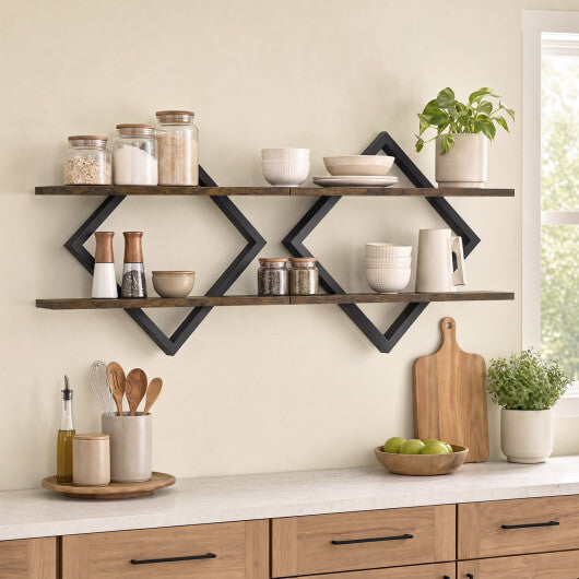 Set of 2 Metal Floating Shelves for Wall with Geometric Frame-Rustic Brown