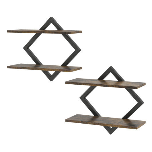 Set of 2 Metal Floating Shelves for Wall with Geometric Frame-Rustic Brown