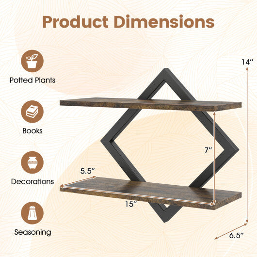 Set of 2 Metal Floating Shelves for Wall with Geometric Frame-Rustic Brown