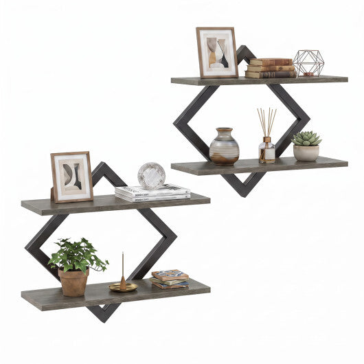 Set of 2 Metal Floating Shelves for Wall with Geometric Frame-Rustic Brown