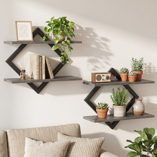 Set of 2 Metal Floating Shelves for Wall with Geometric Frame-Rustic Brown