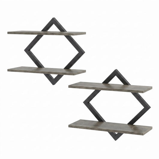 Set of 2 Metal Floating Shelves for Wall with Geometric Frame-Rustic Brown