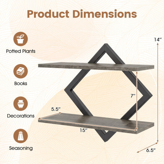 Set of 2 Metal Floating Shelves for Wall with Geometric Frame-Rustic Brown