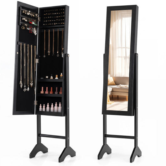 Freestanding Jewelry Armoire with Velvet Lining and Full Length Mirror-Black