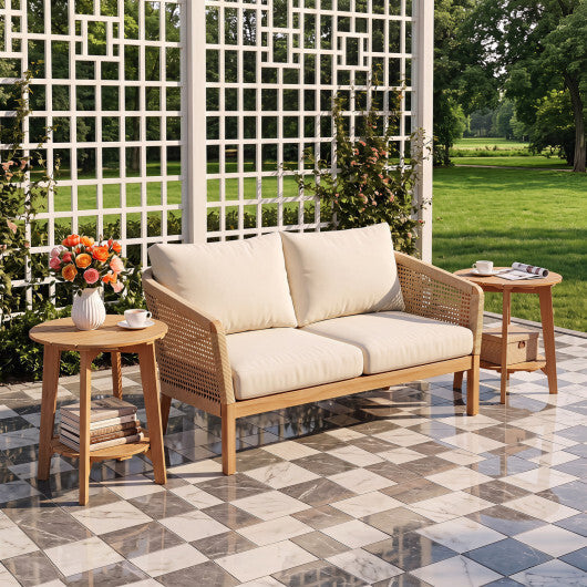 Set of 2 Eucalyptus Wood Side Table 2-Tier with Slatted Tabletop and Storage Shelf for Outdoor-Natural