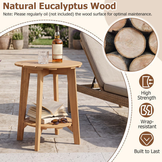 Set of 2 Eucalyptus Wood Side Table 2-Tier with Slatted Tabletop and Storage Shelf for Outdoor-Natural