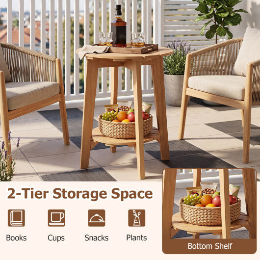 Set of 2 Eucalyptus Wood Side Table 2-Tier with Slatted Tabletop and Storage Shelf for Outdoor-Natural