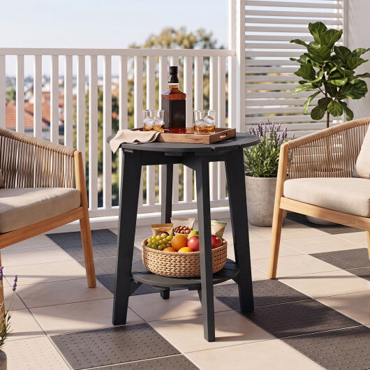 2-Tier Outdoor Eucalyptus Wood Side Table with Slatted Tabletop and Storage Shelf for Backyard-Black
