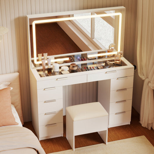 Vanity Desk with Mirror & Lights and Stool with Charging Station for Makeup-White