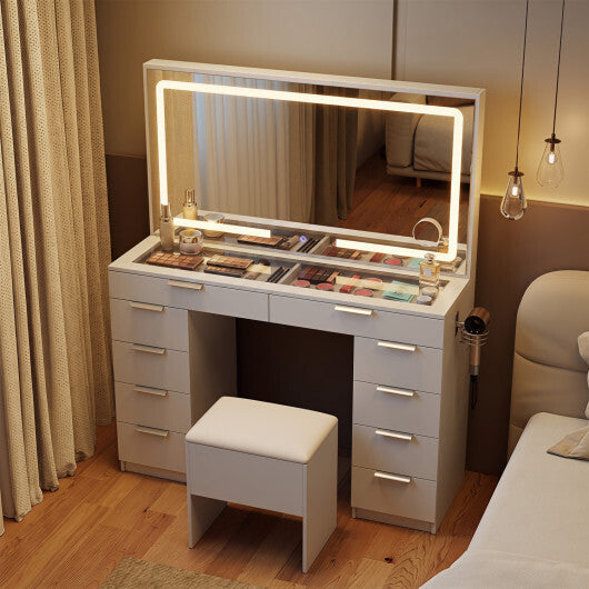 Vanity Desk with Mirror & Lights and Stool with Charging Station for Makeup-White