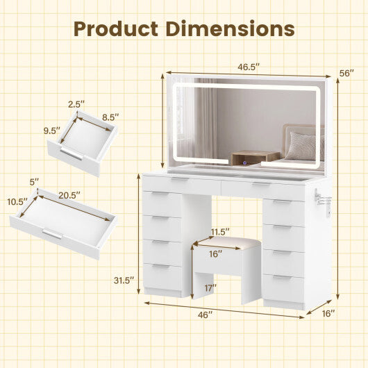 Vanity Desk with Mirror & Lights and Stool with Charging Station for Makeup-White