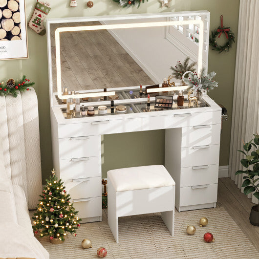 Vanity Desk with Mirror & Lights and Stool with Charging Station for Makeup-White