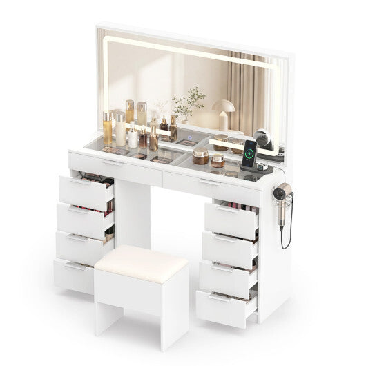 Vanity Desk with Mirror & Lights and Stool with Charging Station for Makeup-White
