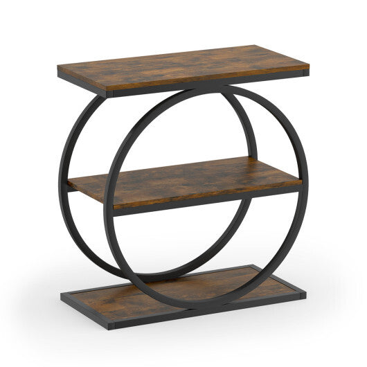 Industrial Faux Marble Side Table with Metal Frame for Living Room Bedroom-Rustic Brown