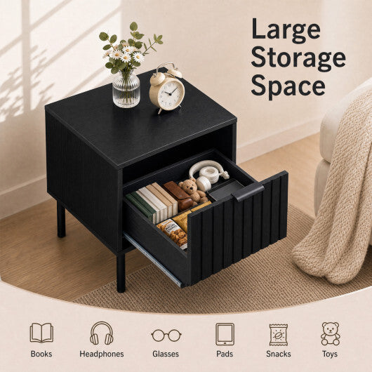 Black Modern Nightstand with Vertical-Striped Storage Drawer-Black