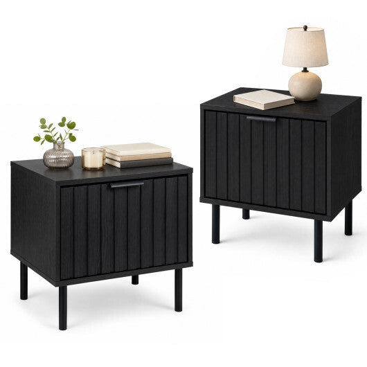 Set of 2 Black Modern Nightstand with Vertical-Striped Storage Drawer-Black
