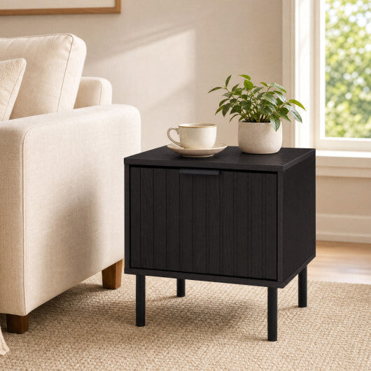 Set of 2 Black Modern Nightstand with Vertical-Striped Storage Drawer-Black