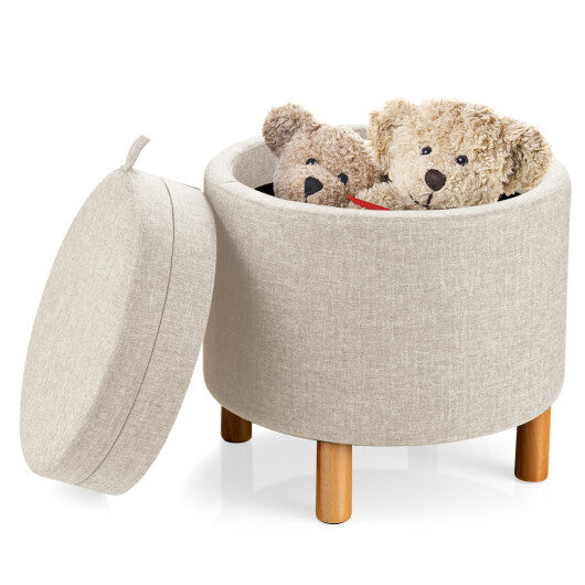 Round Fabric Storage Ottoman with Tray and Non-Slip Pads for Bedroom-Gray